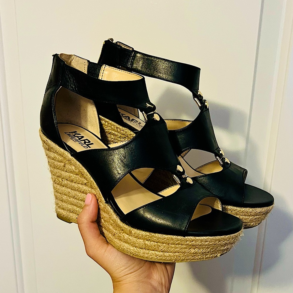 Karl Lagerfeld Black leather wedges